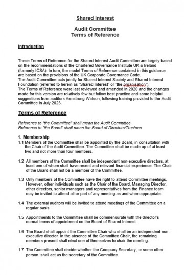 Shared Interest Society Audit Committee Terms of Reference